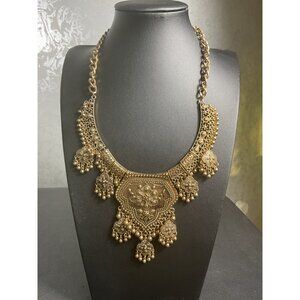 Antique Gold Finish Necklace With Ornate Floral Design & Dangling Beads